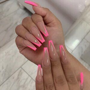 NEW‎ Pink + Nude Striped Fake Nails Long Coffin Nails Glue or Press on Nail
